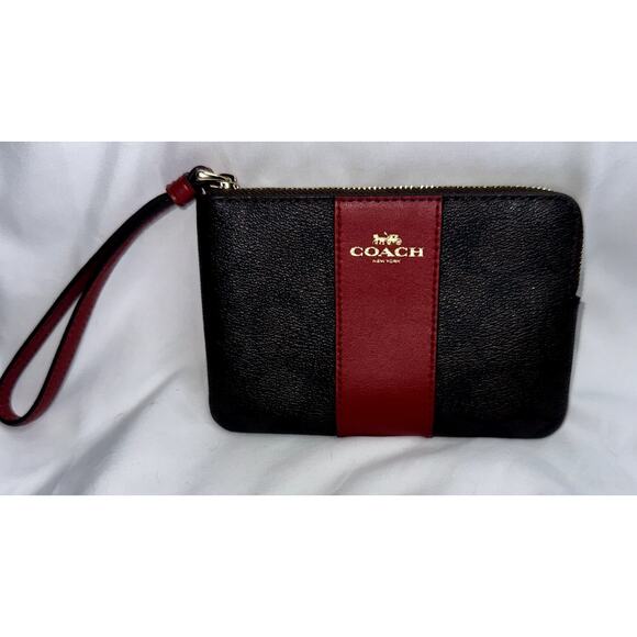 Coach Corner Zip Signature Wristlet Canvas Brown Red 6" Wallet - Picture 1 of 7